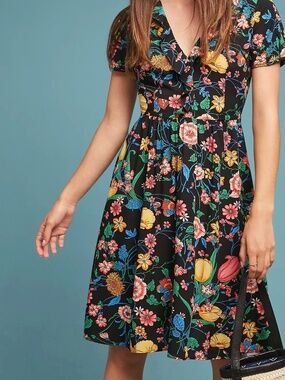 Mauve Anthropologie Bloedel Dress Women’s 0 Black Floral Butterfly Short Sleeve